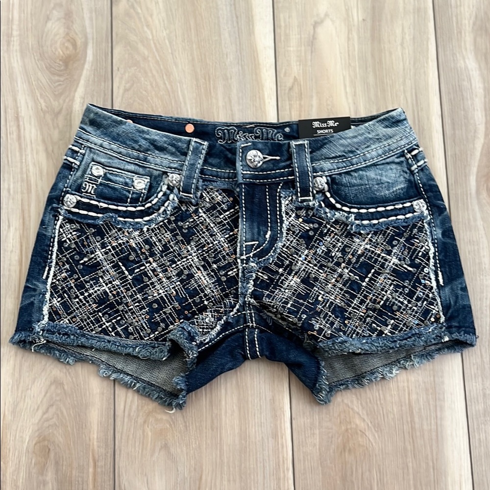 Miss Me Blue Jean Shorts with Rhinestone Embellishments